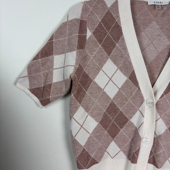 Sioni Plaid Argyle Cardigan Pink Academia Knit S - Picture 3 of 7